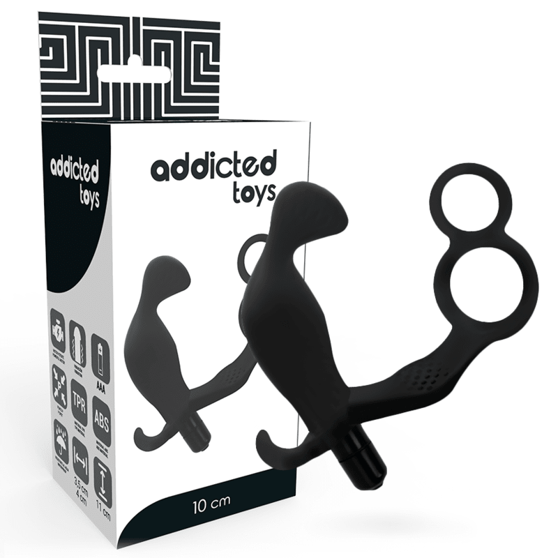 ADDICTED TOYS - ANAL PLUG WITH DOUBLE PENIS RING AND TESTICLES BLACK - Kink&Play