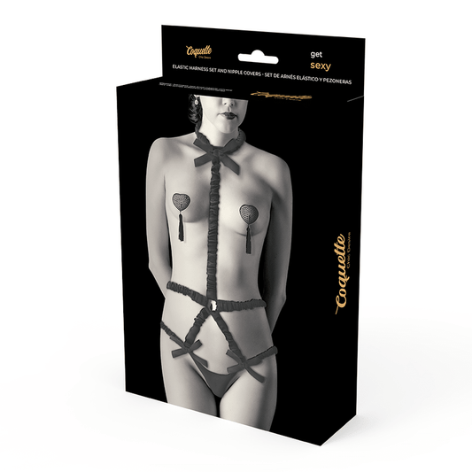 COQUETTE CHIC DESIRE - ELASTIC HARNESS SET AND NIPPLE COVERS BLACK - Kink&Play