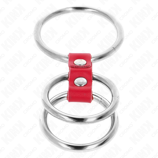 KINK - TRIPLE METAL PENIS RING 3.7 CM TO 5 CM CONNECTED WITH RED LEATHER