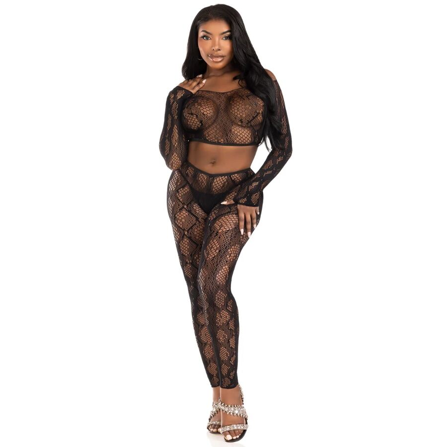 LEG AVENUE - 89373 PYTHON CROP TOP & FOTLÖSA STRUMPBYXOR SVART - ONE SIZE