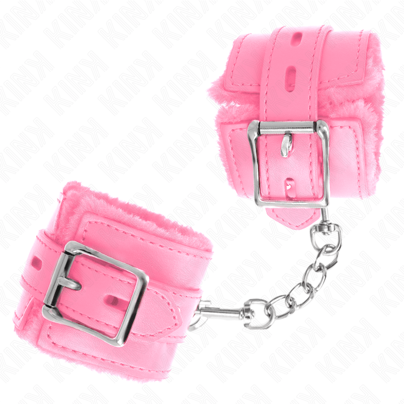 KINK - FUR LINED WRIST RESTRAINTS WITH SQUARE HOLES PINK AND PINK BELT ADJUSTABLE 17 - 29 CM X 6 CM - Kink&Play