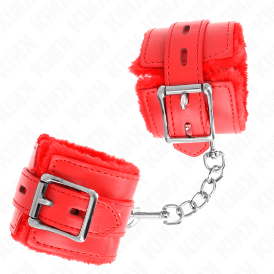 KINK - FUR LINED WRIST RESTRAINTS WITH SQUARE HOLES RED AND RED BELT ADJUSTABLE 17 - 29 CM X 6 CM - Kink&Play