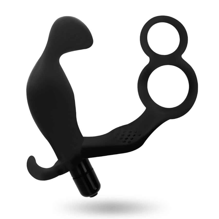 ADDICTED TOYS - ANAL PLUG WITH DOUBLE PENIS RING AND TESTICLES BLACK - Kink&Play
