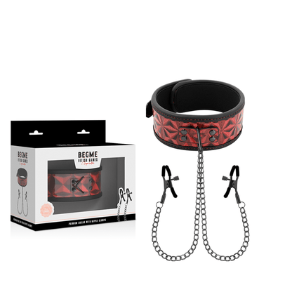 BEGME - RED EDITION COLLAR WITH NIPPLE CLAMPS WITH NEOPRENE LINING - Kink&Play