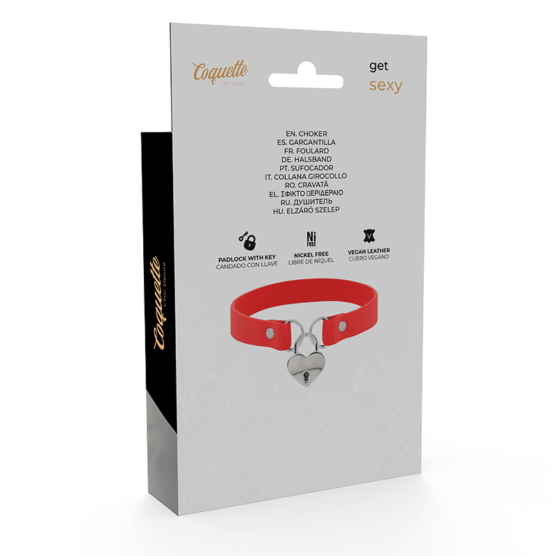 COQUETTE CHIC DESIRE - RED VEGAN LEATHER NECKLACE WITH HEART ACCESSORY WITH KEY - Kink&Play