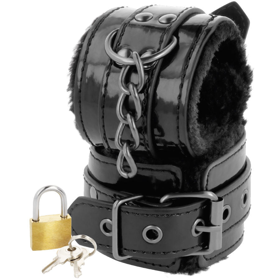 DARKNESS - ADJUSTABLE BLACK LEATHER ANKLE HANDCUFFS WITH PADLOCK - Kink&Play