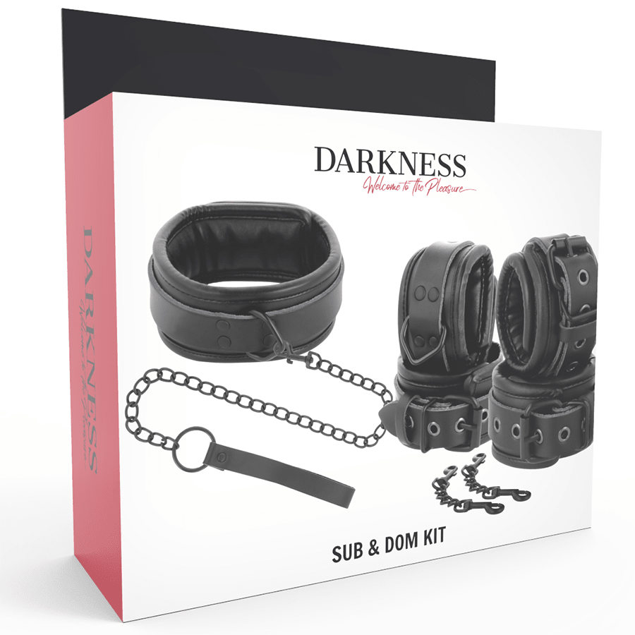 DARKNESS - BLACK LEATHER HANDCUFFS AND COLLAR - Kink&Play