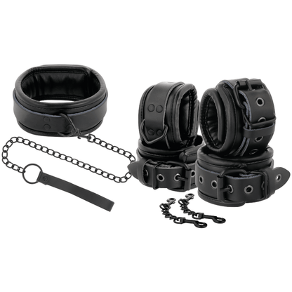 DARKNESS - BLACK LEATHER HANDCUFFS AND COLLAR - Kink&Play