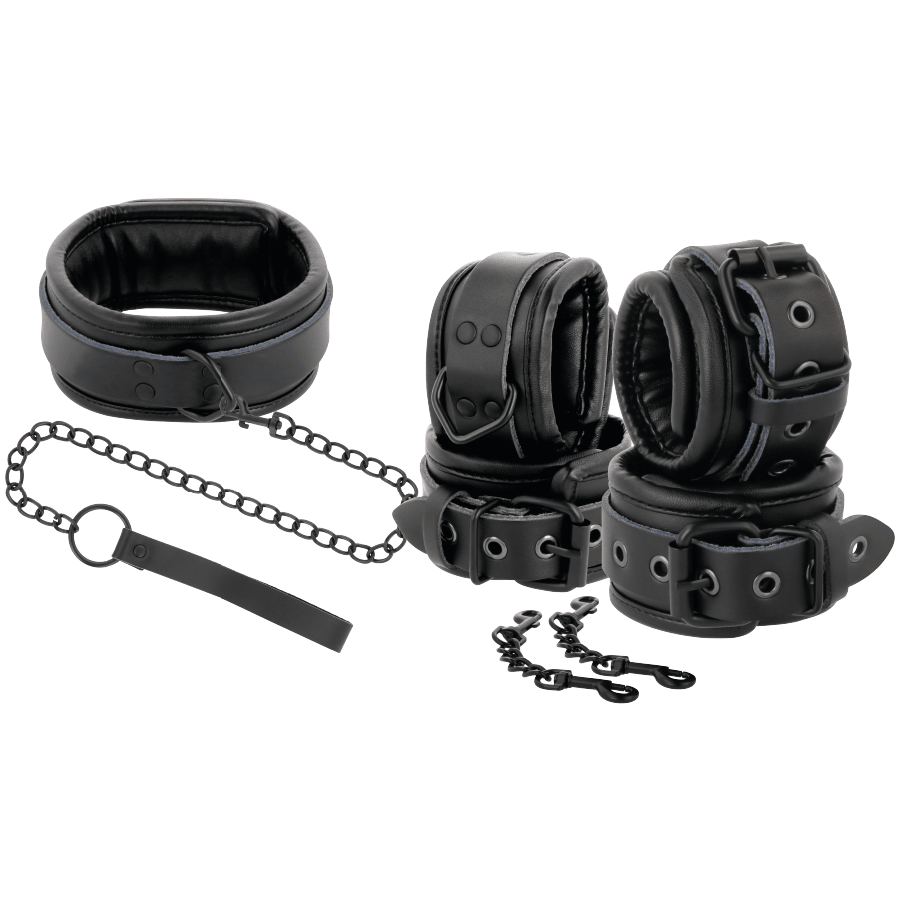 DARKNESS - BLACK LEATHER HANDCUFFS AND COLLAR - Kink&Play