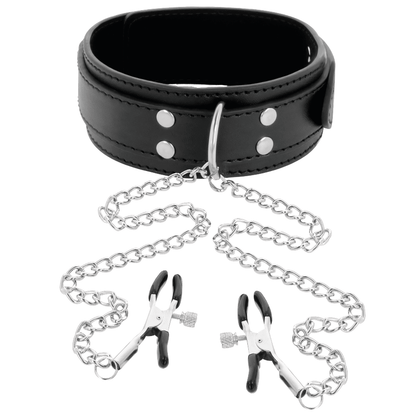 DARKNESS - COLLAR WITH NIPPLE CLAMPS BLACK - Kink&Play