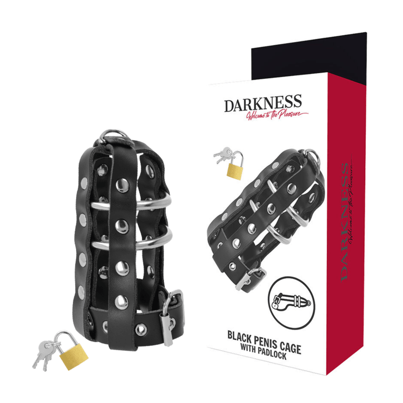 DARKNESS - LEATHER CHASTITY CAGE WITH LOCK - Kink&Play