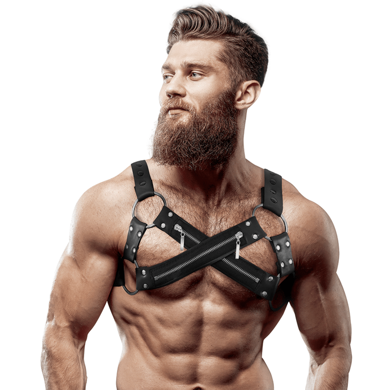 FETISH SUBMISSIVE ATTITUDE - ADJUSTABLE NEOPRENE CROSS - OVER CHEST BULLDOG HARNESS WITH ZIPPERS FOR MEN - Kink&Play