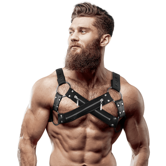 FETISH SUBMISSIVE ATTITUDE - ADJUSTABLE NEOPRENE CROSS - OVER CHEST BULLDOG HARNESS WITH ZIPPERS FOR MEN - Kink&Play