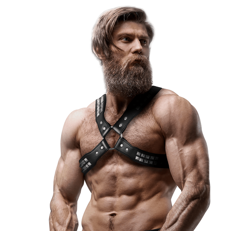 FETISH SUBMISSIVE ATTITUDE - MENS CROSSED CHEST ECO - LEATHER HARNESS WITH RIVETS - Kink&Play