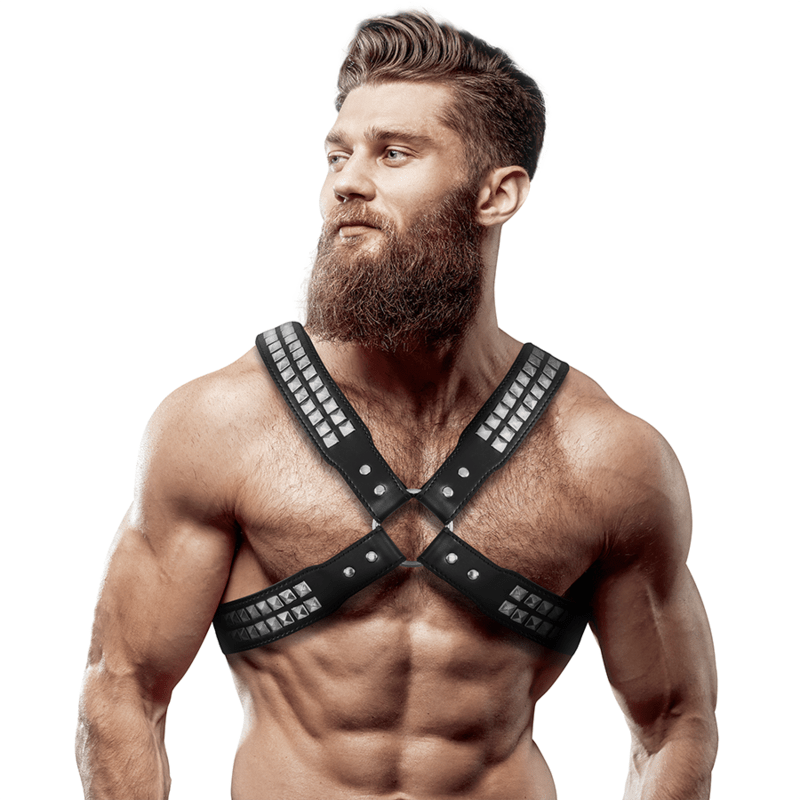 FETISH SUBMISSIVE ATTITUDE - MENS CROSSED CHEST ECO - LEATHER HARNESS WITH RIVETS - Kink&Play