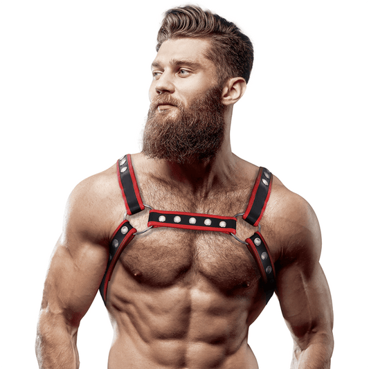 FETISH SUBMISSIVE ATTITUDE - MENS ECO - LEATHER CHEST BULLDOG HARNESS BLACK/RED - Kink&Play