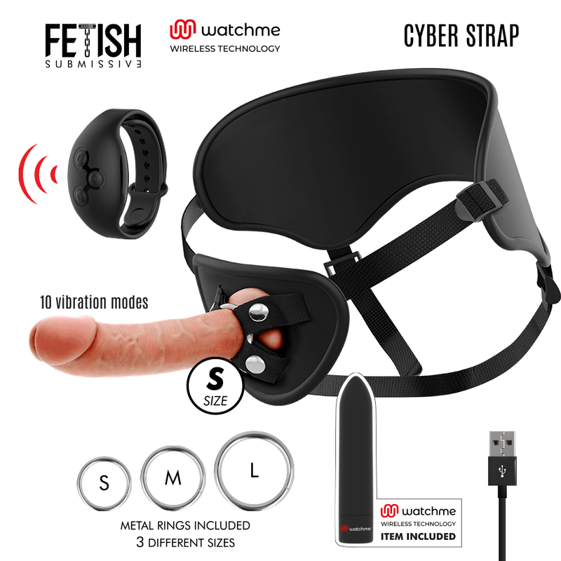 FETISH SUBMISSIVE CYBER STRAP - HARNESS WITH DILDO AND BULLET REMOTE CONTROL WATCHME S TECHNOLOGY - Kink&Play