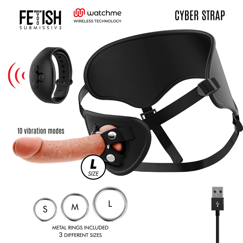 FETISH SUBMISSIVE CYBER STRAP - HARNESS WITH REMOTE CONTROL DILDO WATCHME L TECHNOLOGY - Kink&Play