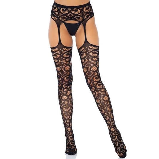 LEG AVENUE - SCROLL LACE GARTER BELT STRUMPOR EN STORLEK