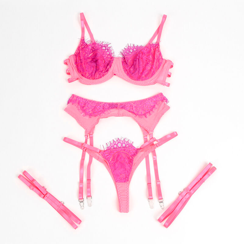 SUBBLIME - 955359 BH-SET MED SPETS OCH STRUMPEBANDSHÅLLARE ROSA OCH LILA S/M