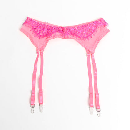 SUBBLIME - 955359 BH-SET MED SPETS OCH STRUMPEBANDSHÅLLARE ROSA OCH LILA S/M