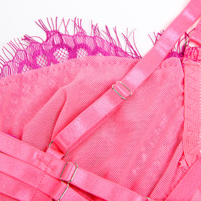 SUBBLIME - 955359 BH-SET MED SPETS OCH STRUMPEBANDSHÅLLARE ROSA OCH LILA S/M