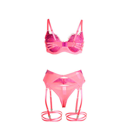 SUBBLIME - 955359 BH-SET MED SPETS OCH STRUMPEBANDSHÅLLARE ROSA OCH LILA S/M