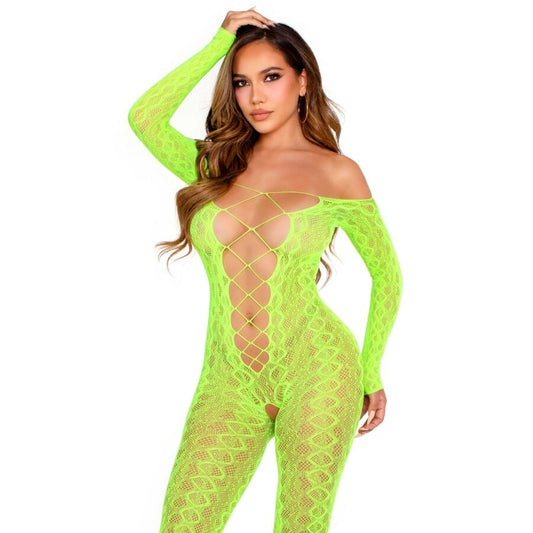 LEG AVENUE - CROTCHLESS BODYSTOCKING EXOTIC SNAKE LACE NEONGRÖN