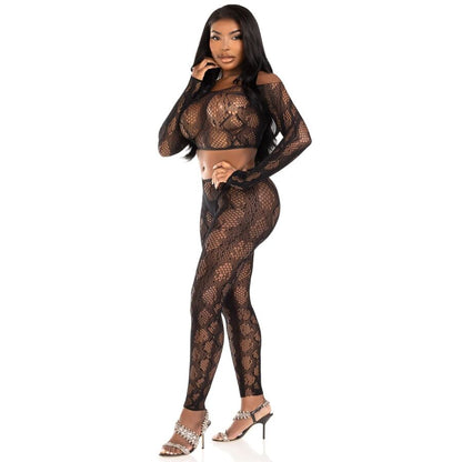 LEG AVENUE - 89373 PYTHON CROP TOP & FOTLÖSA STRUMPBYXOR SVART - ONE SIZE