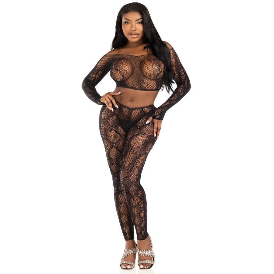 LEG AVENUE - 89373 PYTHON CROP TOP & FOTLÖSA STRUMPBYXOR SVART - ONE SIZE