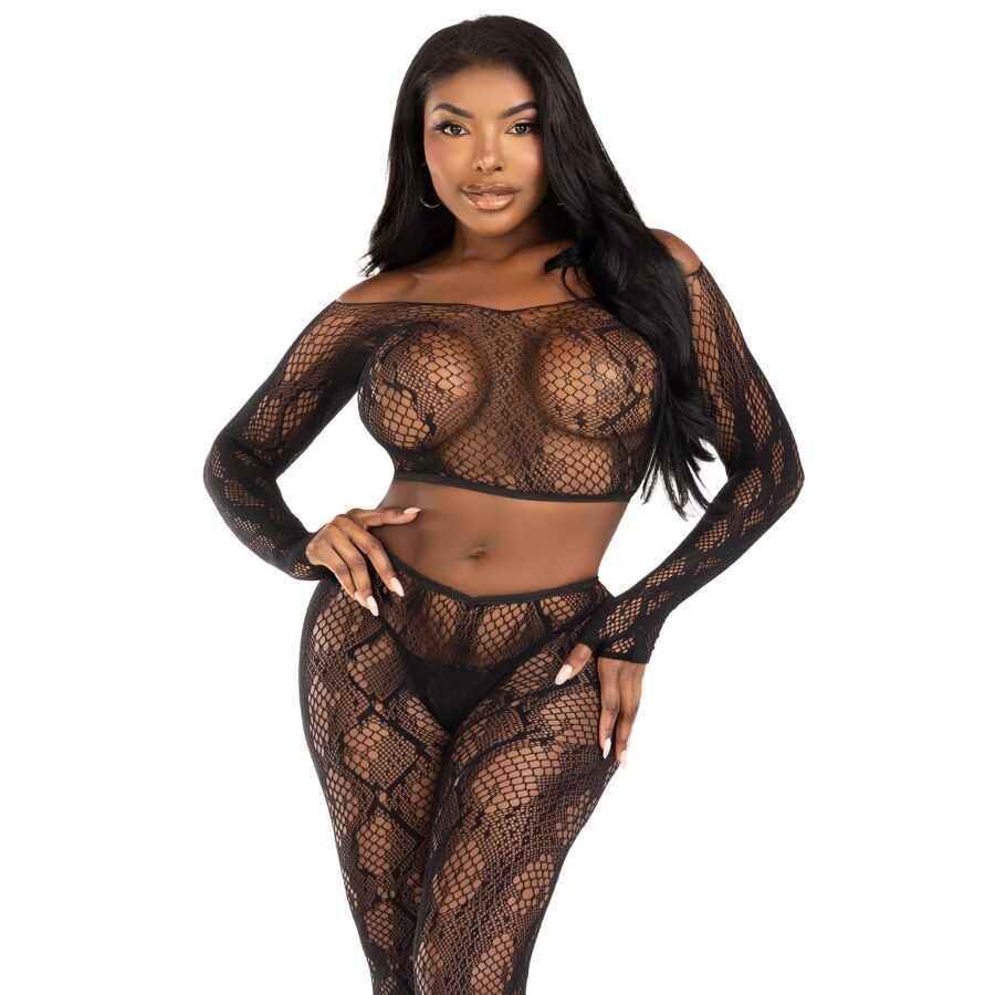 LEG AVENUE - 89373 PYTHON CROP TOP & FOTLÖSA STRUMPBYXOR SVART - ONE SIZE