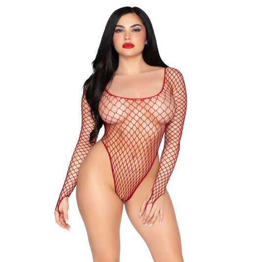 LEG AVENUE - 89377 HIGH-CUT INDUSTRIAL NET BODYSUIT RED - ONE SIZE