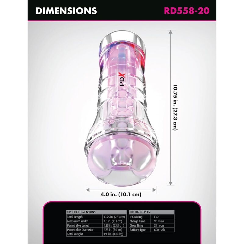PDX ELITE - VIEWTUBE XXL LED GENOMSKINLIG STROKER 27.3 CM