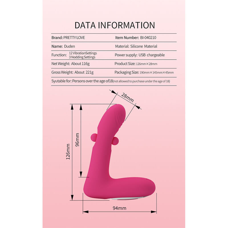 PRETTY LOVE - DUDEN UPPLADDNINGBAR SILIKONVIBRATOR 12 VIBRATIONSLÄGEN OCH 3 RÖRELSELÄGEN ROSA