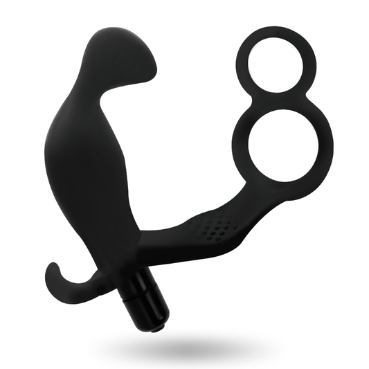 BEROENDE LEKSAKER - ANALPLUGG MED DUBBEL PENISRING OCH TESTIKLAR SVARTA