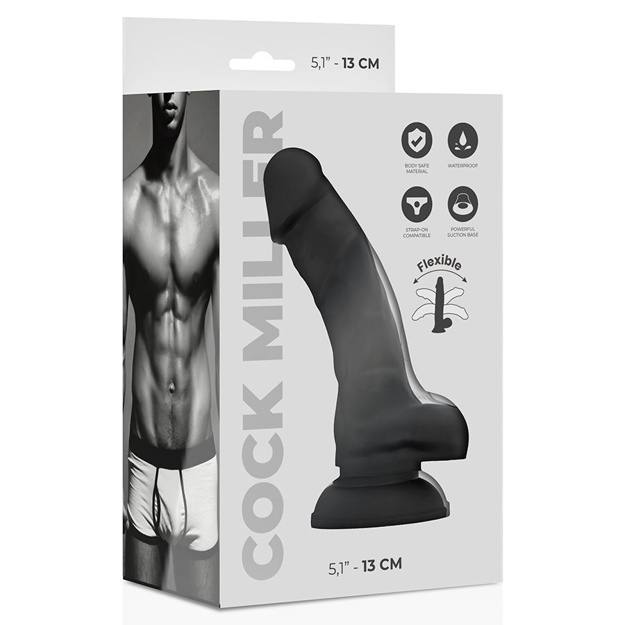 COCK MILLER - SILIKONDELDO MED HÖG DENSITET, BÖJBAR, SVART, 13 CM