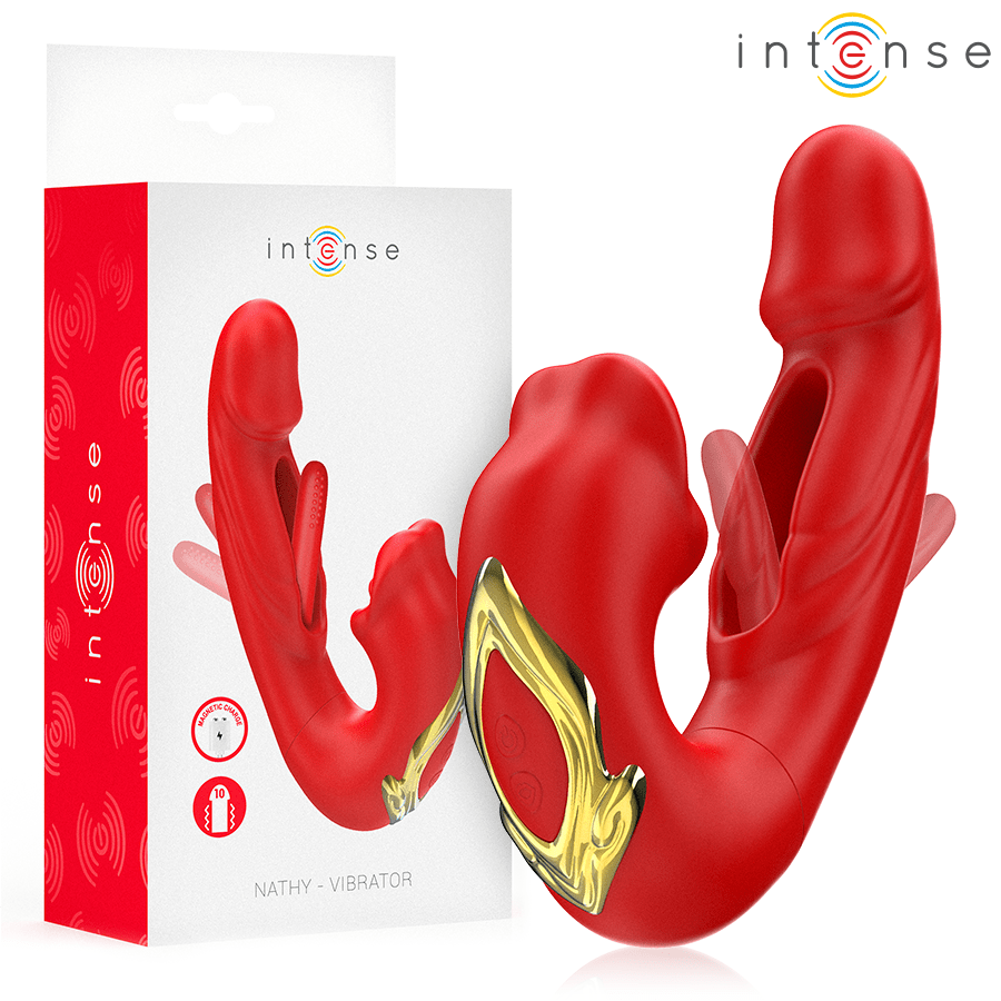 INTENSE - NATHY DOUBLE VIBRATOR WITH MULTIFUNCTION STIMULATING MOUTH RED - Kink&Play