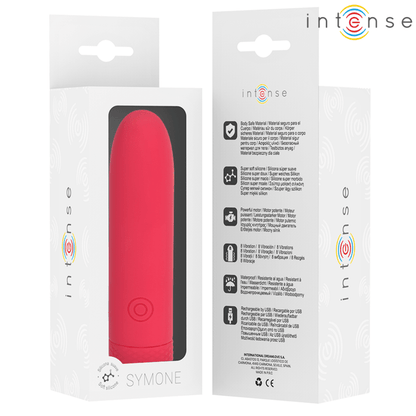 INTENSE - SYMONE USB RECHARGEABLE VIBRATING BULLET 8 VIBRATIONS RED 10 X 2.2 CM - Kink&Play
