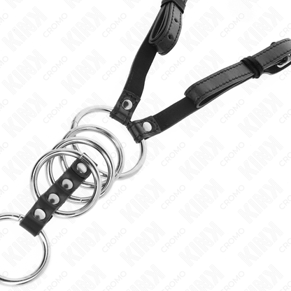 KINK - 5 PENIS RINGS 3.8 CM TO 5 CM METAL WITH LEATHER BELT 112 CM - Kink&Play