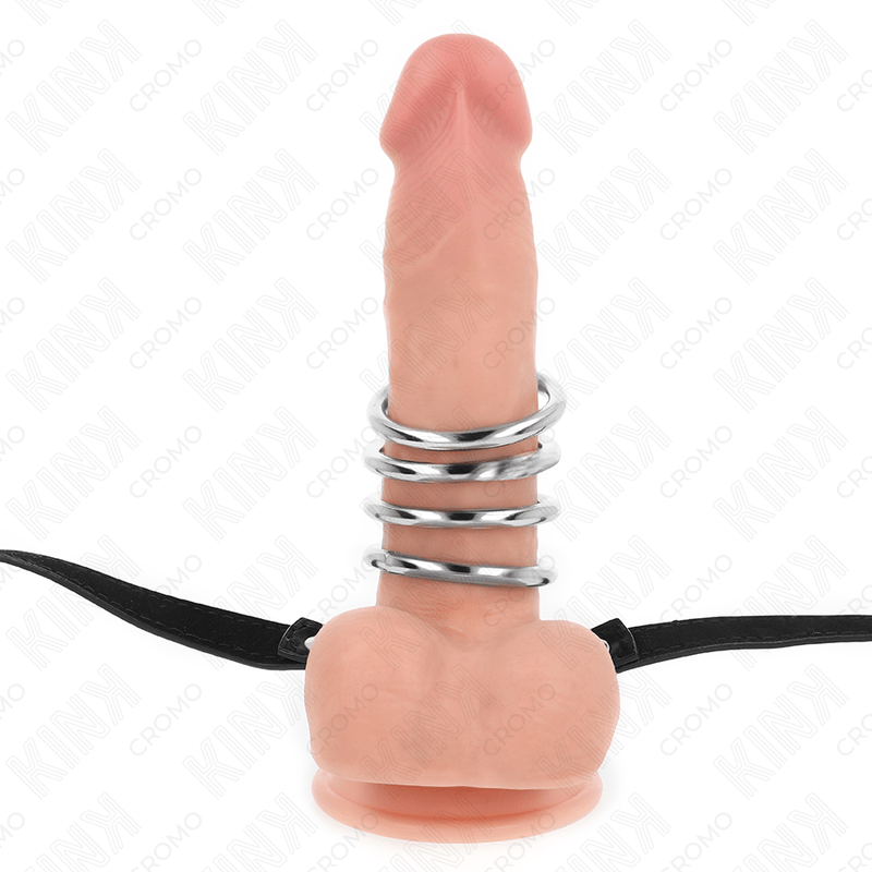 KINK - 5 PENIS RINGS 3.8 CM TO 5 CM METAL WITH LEATHER BELT 112 CM - Kink&Play