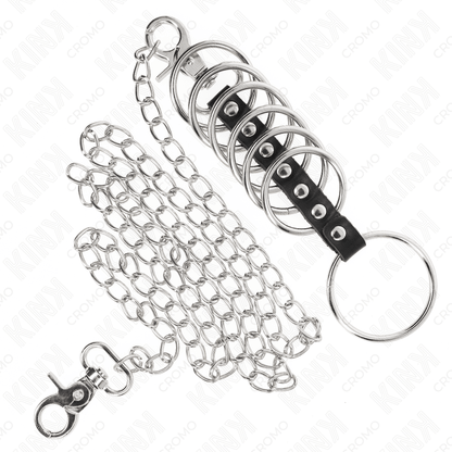 KINK - 7 METAL PENIS RINGS 3.8 CM TO 5 CM CONNECTED WITH LEATHER AND METAL CHAIN 100 CM - Kink&Play
