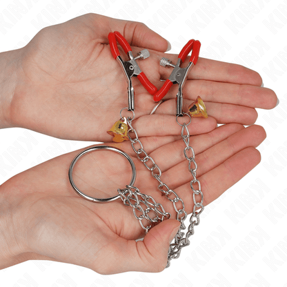 KINK - BELL TRIPLE NIPPLE AND CLIT CLAMPS RED WITH CHAIN 30 CM - Kink&Play
