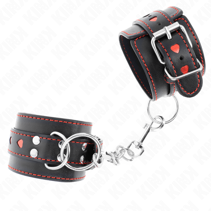 KINK - BLACK WRIST RESTRAINTS WITH RED HEART INLAY ADJUSTABLE 21 - 28 CM X 5.5 CM - Kink&Play