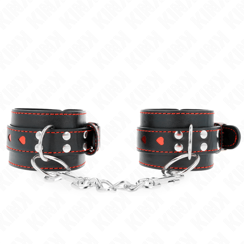 KINK - BLACK WRIST RESTRAINTS WITH RED HEART INLAY ADJUSTABLE 21 - 28 CM X 5.5 CM - Kink&Play