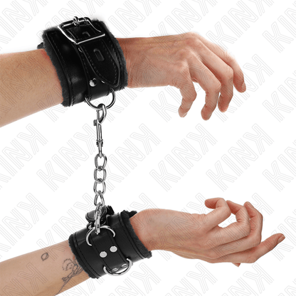 KINK - FUR LINED WRIST RESTRAINTS BLACK WITH BLACK BELT ADJUSTABLE 17 - 29 CM X 6 CM - Kink&Play