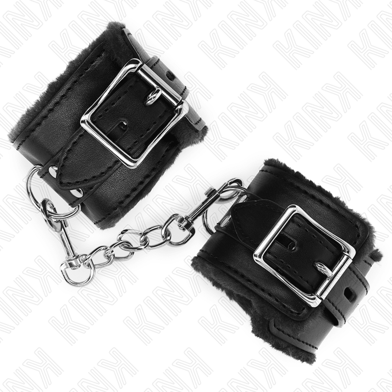 KINK - FUR LINED WRIST RESTRAINTS BLACK WITH BLACK BELT ADJUSTABLE 17 - 29 CM X 6 CM - Kink&Play