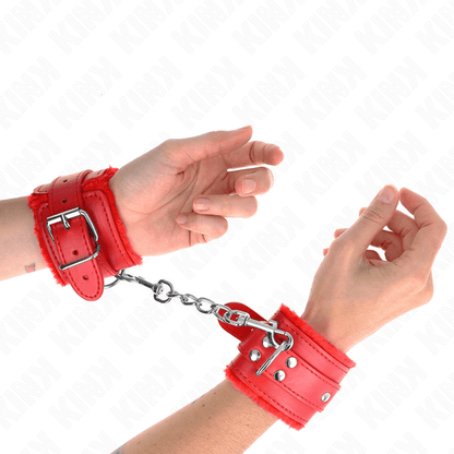 KINK - FUR LINED WRIST RESTRAINTS RED WITH RED BELT ADJUSTABLE 17 - 29 CM X 6 CM - Kink&Play