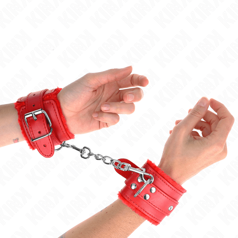 KINK - FUR LINED WRIST RESTRAINTS RED WITH RED BELT ADJUSTABLE 17 - 29 CM X 6 CM - Kink&Play