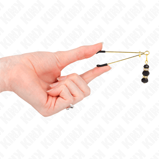 KINK - GOLD THIN NIPPLE CLAMPS WITH 3 BLACK GLASS BEADS 7 CM - Kink&Play