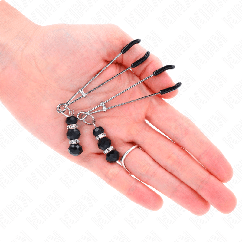 KINK - GOLD THIN NIPPLE CLAMPS WITH 3 BLACK GLASS BEADS 7 CM - Kink&Play